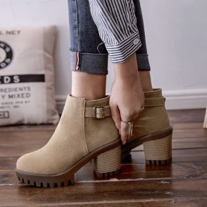 Women's British Style Ankle Boots with Chunky Heel and Side Zipper