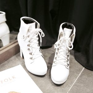 Women's British Style High Heel Mid Calf Boots with Lace-Up and Platform