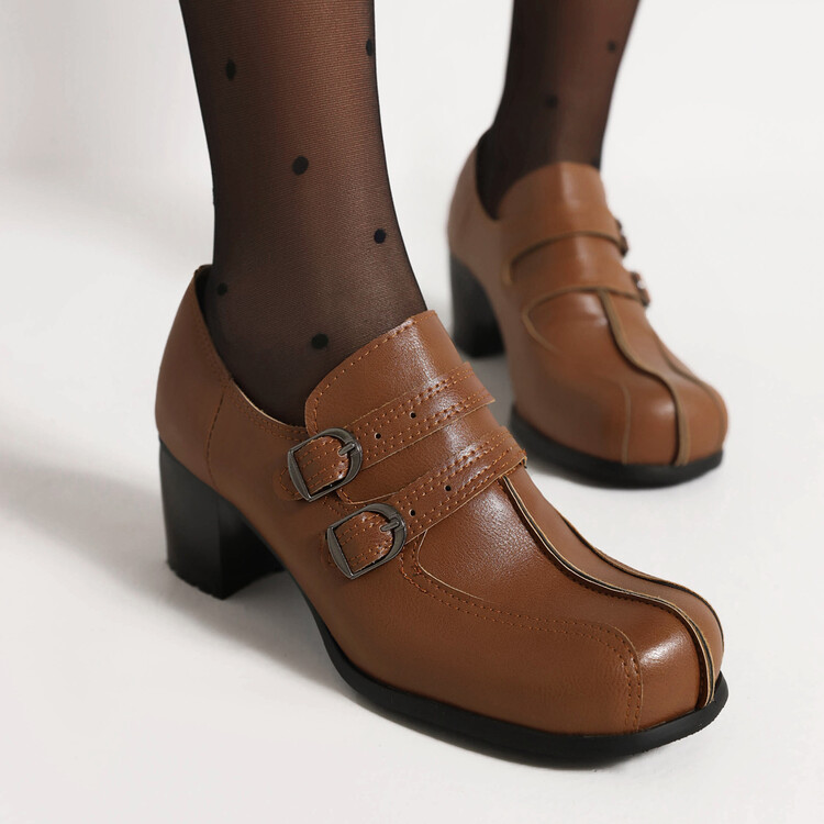 Women's Fashion Flat Shoes British Style Round Toe Slip-On with Buckle