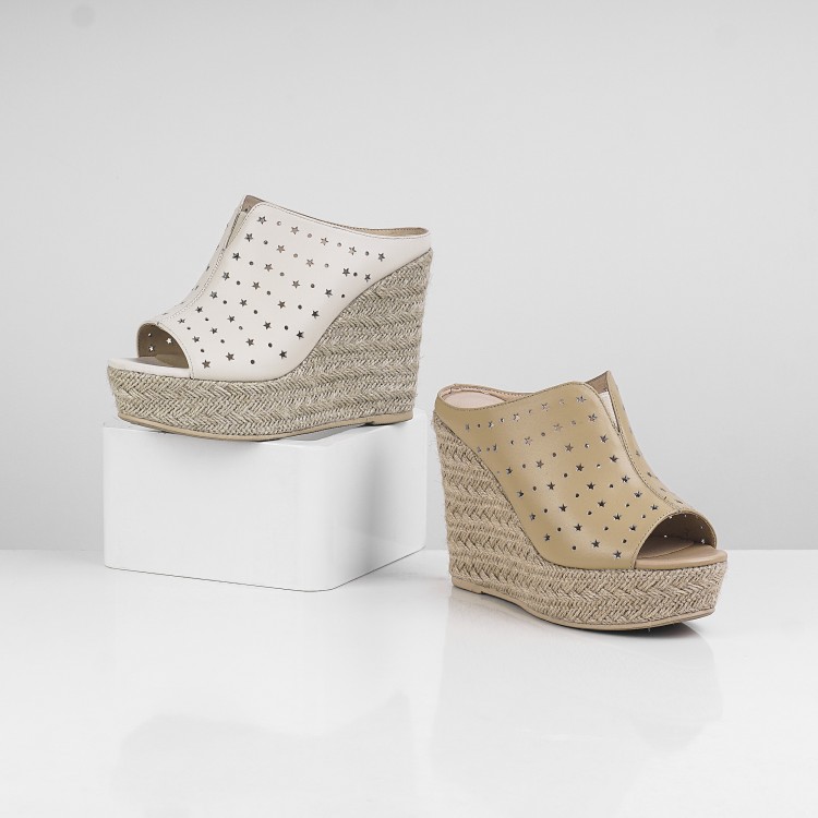 Women's High Heel Wedge Slippers in Beige and Camel - Image 3