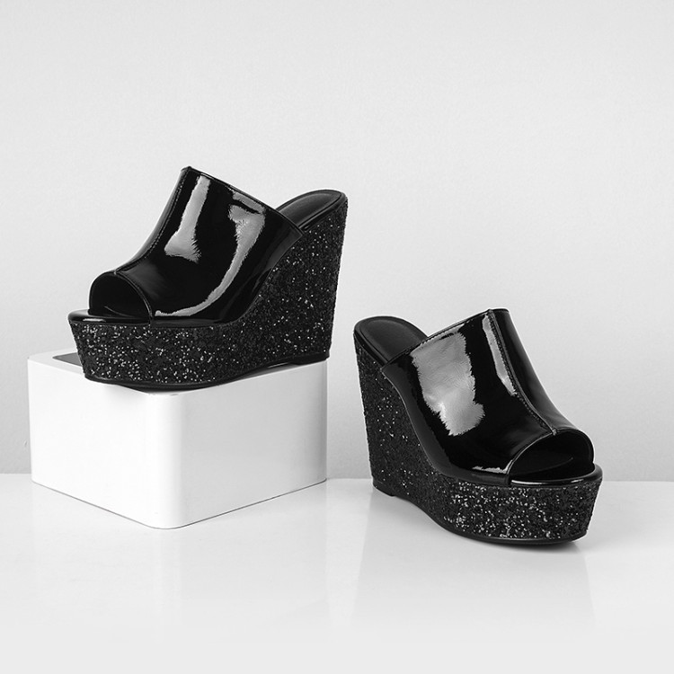 Women's High Heel Wedge Slippers in Patent Leather - Image 5