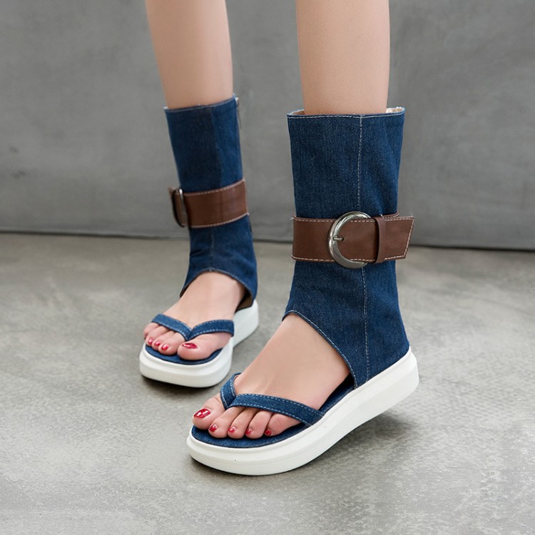 Women's High-Top Denim Platform Sandal Boots with Print and Metal Details - Image 4
