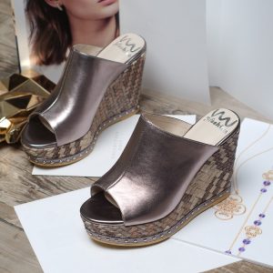 Women's Leather Slippers with Platform Wedge Heel