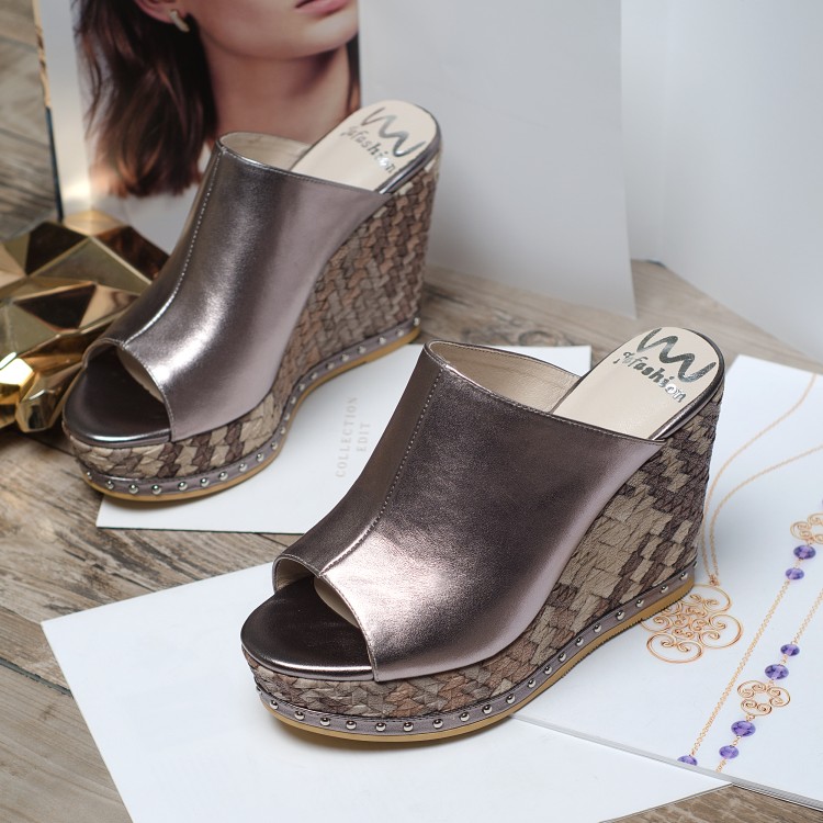 Women's Leather Slippers with Platform Wedge Heel
