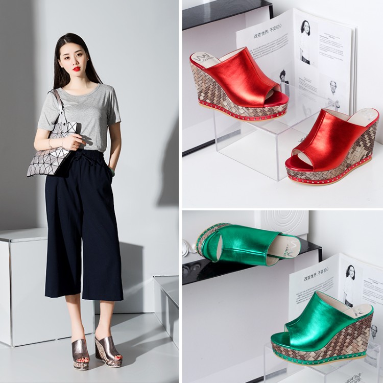 Women's Leather Slippers with Platform Wedge Heel - Image 4