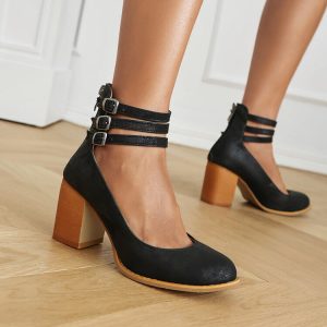 Women's Mary Jane High Heel Shoes - PU Upper, Rubber Sole, Round Toe, Zipper Closure