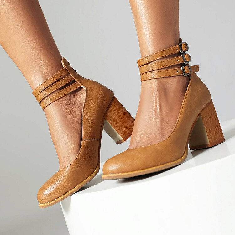 Women's Mary Jane High Heel Shoes - PU Upper, Rubber Sole, Round Toe, Zipper Closure - Image 3