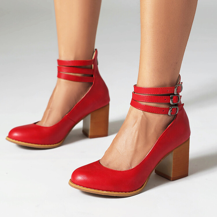 Women's Mary Jane High Heel Shoes - PU Upper, Rubber Sole, Round Toe, Zipper Closure - Image 4