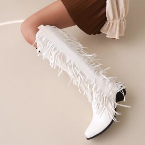 Women's Square Toe High Shaft Fringe Riding Boots - PU Mid Chunky Heel