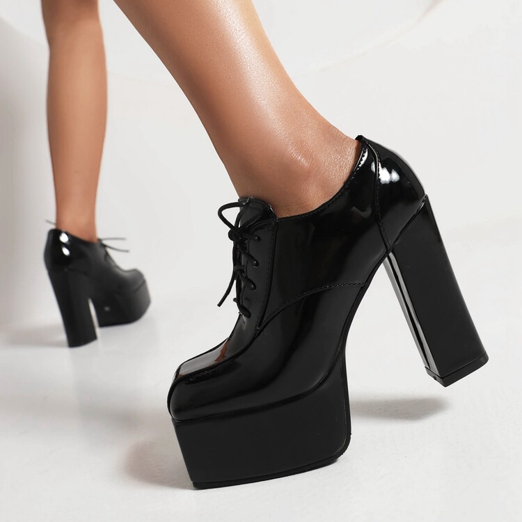 Women's Square Toe Lace-Up High Heel Pumps - Image 2