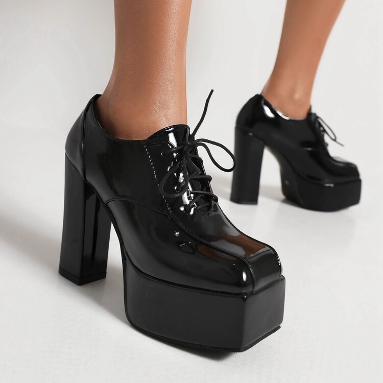 Women's Square Toe Lace-Up High Heel Pumps - Image 4